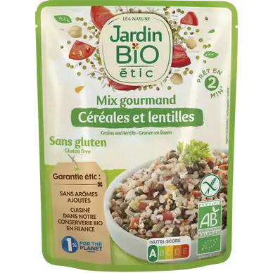 Céréales & lentilles cuisinés sans gluten JARDIN BIO, sachet repas de250g