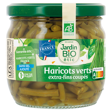 Haricots verts extra fins coupés origine France garantie JARDIN BIO,330g