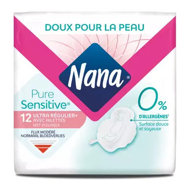 Serviettes hygiéniques pure sensitive normal+ avec ailettes 0% allergène NANA, x12