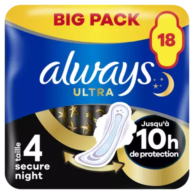 Serviettes ultra secure night ALWAYS taille 4 ailettes x18
