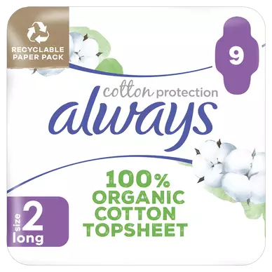 Serviettes protection hygiéniques ailettes long+ ALWAYS COTTON x9