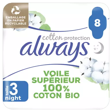 Serviettes protection hygiéniques ailettes nuit ALWAYS COTTON x8