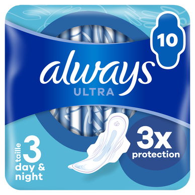 Serviettes hygiéniques ultra jour & nuit taille 3 avec ailettes ALWAYSx10