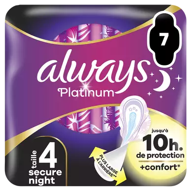 Serviettes hygiéniques avec ailettes ALWAYS platinum secure night, taille4, x7
