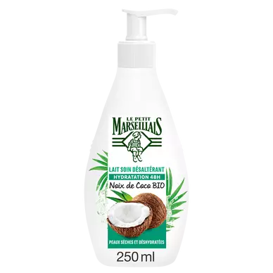 Lait soin corps peaux seches désaltérant hydratation 48H noix de cocoLE PETIT MARSEILLAIS, flacon de 250ml