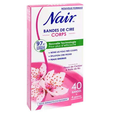 Cire froide dépilatoire pour le corps parfum fleur de cerisier et huile de riz NAIR, 40 bandes