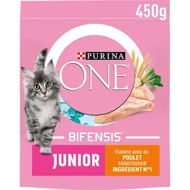 Croquettes pour chaton JUNIOR Poulet, Céréales Complètes PURINA ONE -450g
