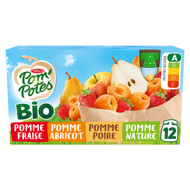 Dessert fruitier Gourdes BIO Pomme, Pomme Abricot, Pomme Poire, PommeFraise POM'POTES, 12x90g