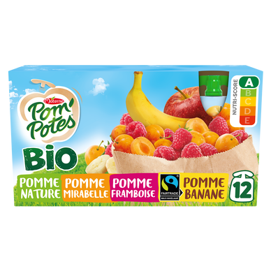 Dessert fruitier Gourdes BIO Pomme, Pomme Mirabelle, Pomme Framboise,Pomme Banane POM'POTES, 12x90g