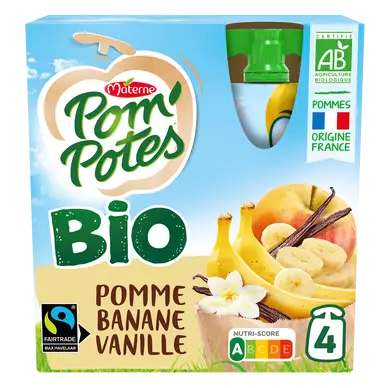 Dessert fruitier Gourdes BIO Pomme Banane Vanille POM'POTES, 4x90g