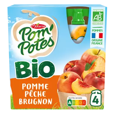 Dessert fruitier Gourdes BIO Pomme Pêche Brugnon POM'POTES, 4x90g