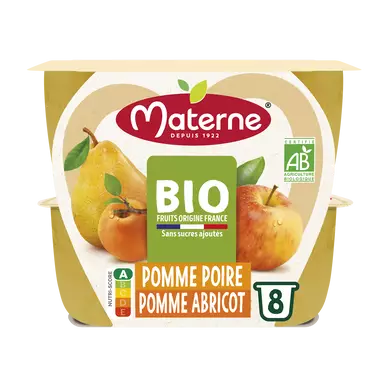 Dessert fruitier Coupelles BIO Pomme Abricot Poire MATERNE, 8x100g