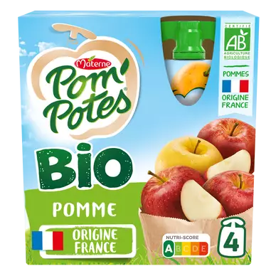 Dessert fruitier Gourdes BIO Pomme Nature POM'POTES, 4x90g