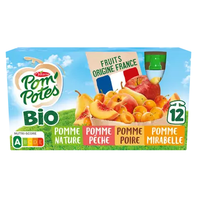 Dessert fruitier Gourdes BIO Pomme, Pomme Poire, Pomme Mirabelle, Pomme PêchePOM'POTES, 12x90g