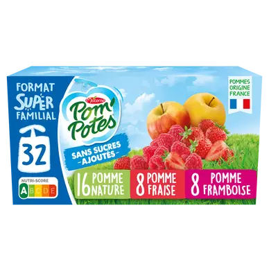 Dessert fruitier Gourdes Sans Sucres Ajoutés Pomme, Pomme Fraise, Pomme Framboise POM'POTES, 32x90g