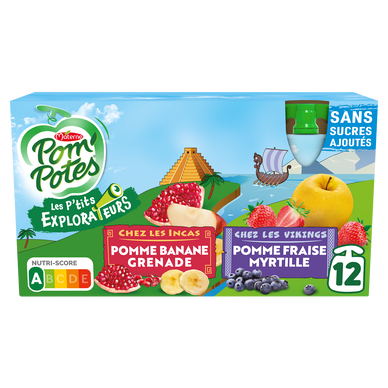 Dessert fruitier Gourdes Les P'tits Explorateurs Les Incas & Les Vikings POM'POTES, 12x90g