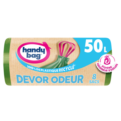 Sacs poubelle poignées coulissantes devor odeur 80% plastiqye recyclésHANDY BAG 50L x8