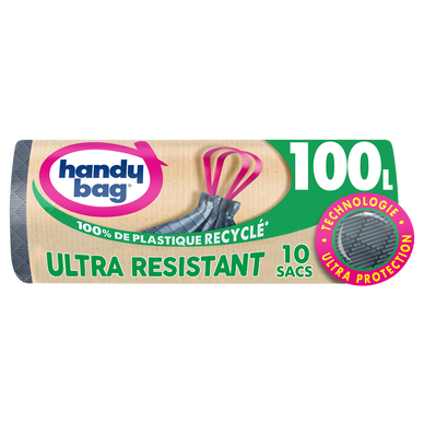 Sac poubelle poignée coulissante ultra résistant 80% plastique recycléHANDY BAG 100L x10