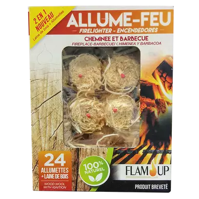 Allume feux + allumettes en laine de bois 100% naturel FLAM UP, boîtede 24