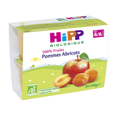 Dessert fruitier infantile bio 100% Fruits pomme abricot HIPP, dès 4/6mois, 4x100g 400g
