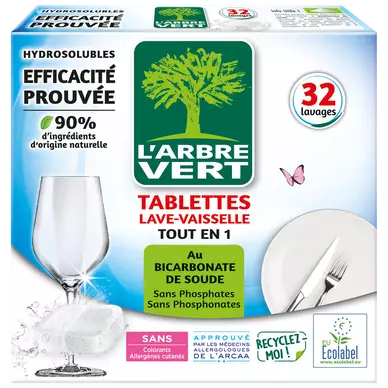 Tablette lave vsl tout-en-1 écolabel L'ARBRE VERT x32doses90% d'ingrédients d'origine naturelle