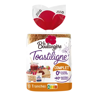 Pain de mie grandes tranches complet Toastiligne LA BOULANGERE - 12 tranches - 500g