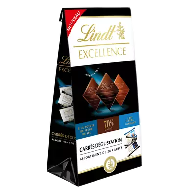 Assortiment de 28 bouchées de chocolats noir 70%, noir à la fleur desel et au lait LINDT sachet 154g