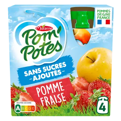 Dessert fruitier Gourdes Sans Sucres Ajoutés Pomme Fraise POM'POTES, 4x90g