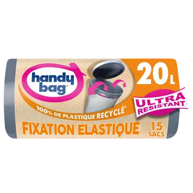 Sacs poubelle poignées fixation élastique 80% plastique recyclés HANDYBAG 20L X15